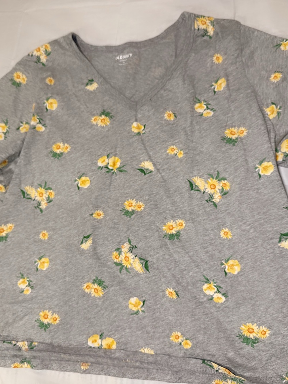 Old Navy Gray V-Neck Tee with Yellow Floral Pattern